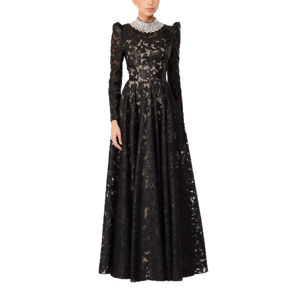 Flowering Girl Women black mesh diamond embroidered maxi dress