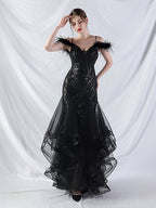 feather sequin strapless tulle maxi dress