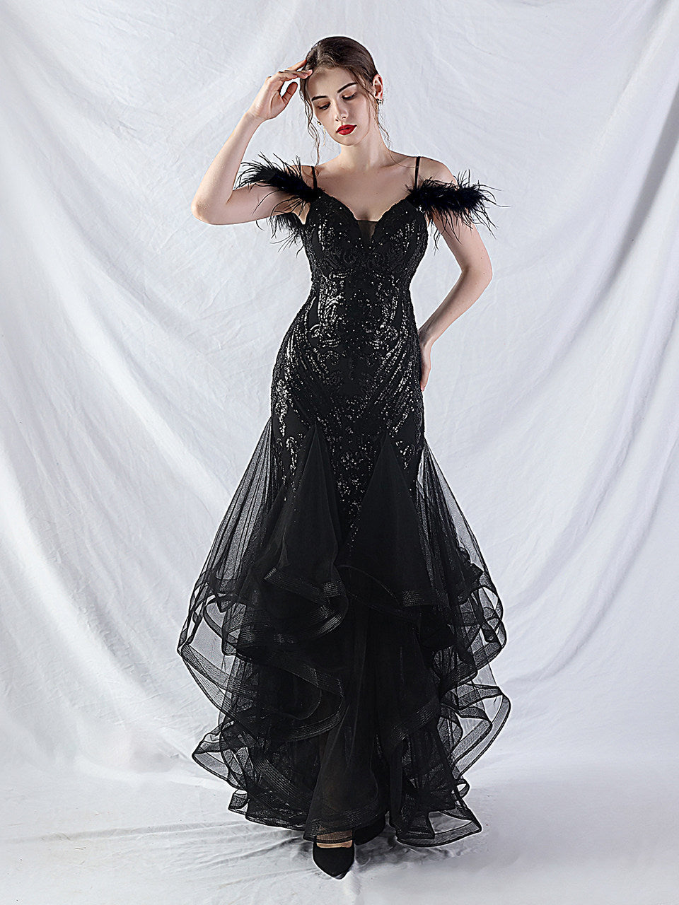 feather sequin strapless tulle maxi dress