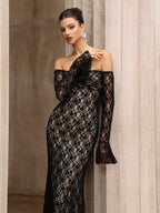 anna One-shoulder lace long sleeves maxi dress in black