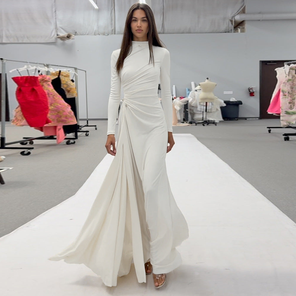 Rita Metallic Double Ball Long-Sleeve High-Slit Maxi Dress In White