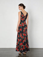 Black Red Rose Print Slip Mermaid Dress