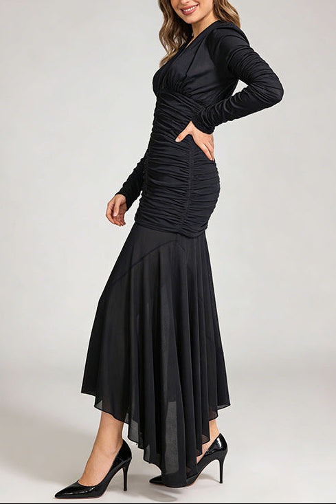 Flowering Girl Women Josephine v-Neck Ruched Long-Sleeve Maxi Dress In Black