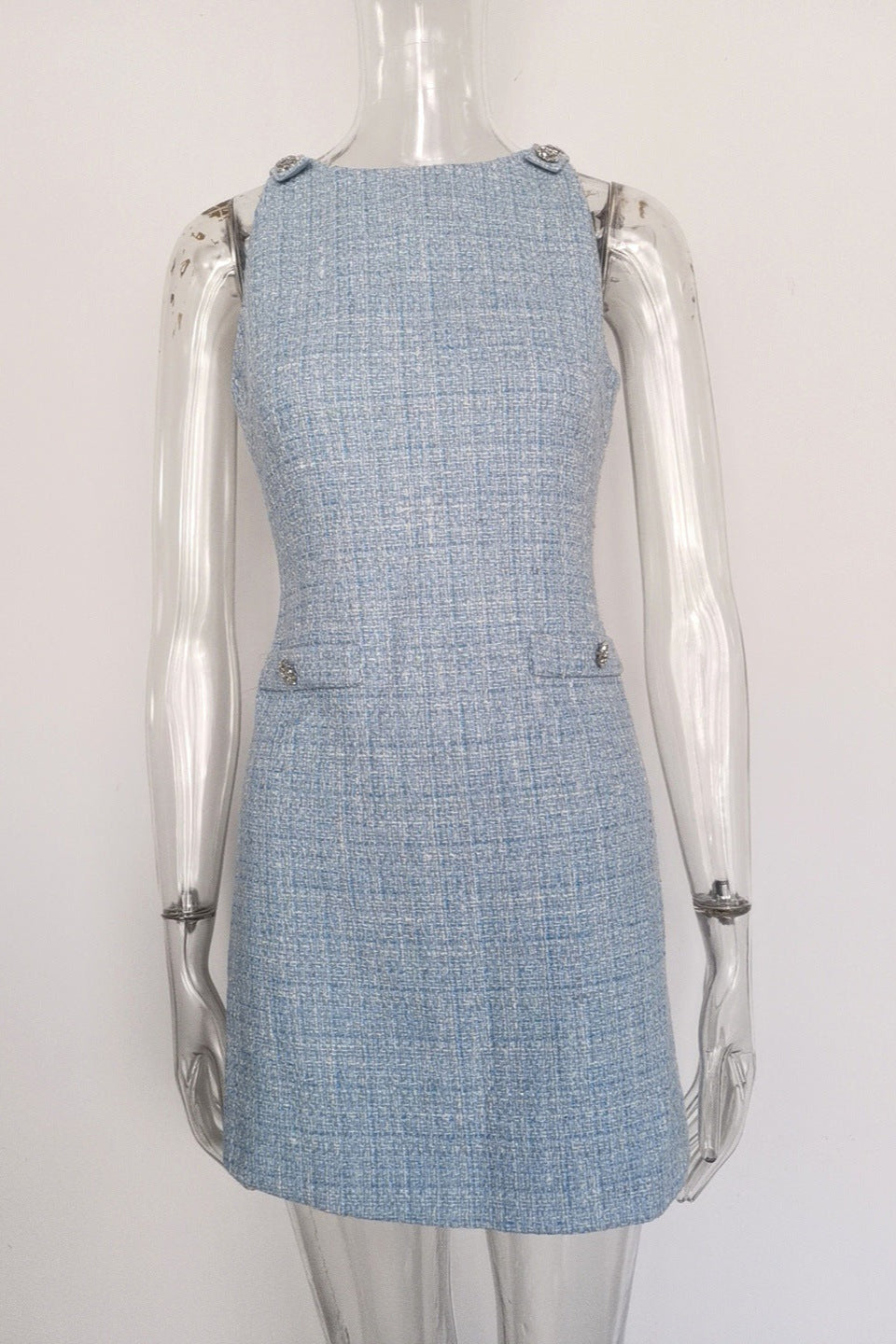 Flowering Girl Women Halter Neck Tweed Vest Mini Dress In Blue