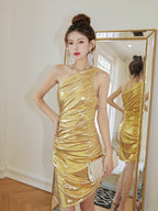 Frederica One-Shoulder Ruched Bodycon Mini Dress - Gold