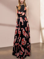 Black Printed  V-Neck Sleeveless Maxi Dress