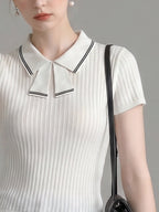 Flowering Girl Women Striped Collar Bow Tie Ribbed Knit Short Sleeve Top