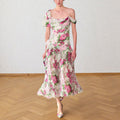 White Off-The-Shoulder Floral Printed Midi Dress