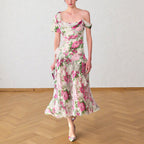 White Off-The-Shoulder Floral Printed Midi Dress