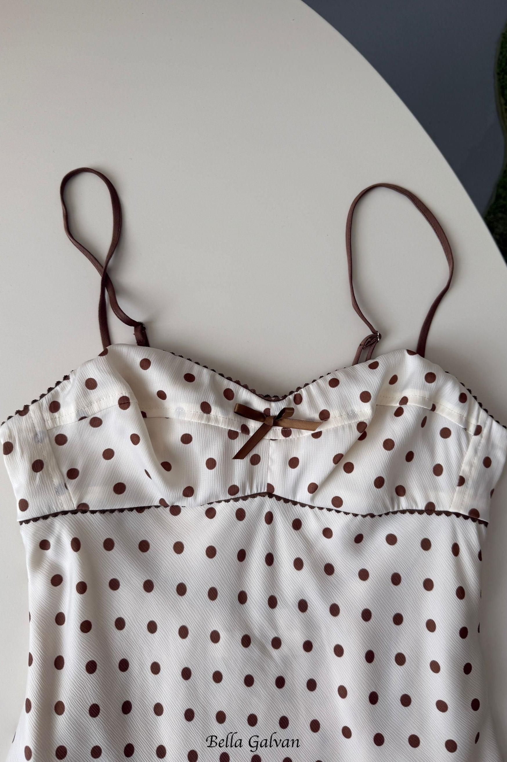 Satin Polka Dot Mini Dress in beige