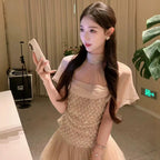 Sheer Mesh Rhinestone High Neck Tulle Mini Dress