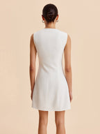Flowering Girl Women Sleeveless Wavy Trim Gold Button Mini Dress
