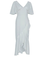 White irregular V-neck, backless long skirt, flared sleeves, elegant dress skirt, waist slimming, satin dress