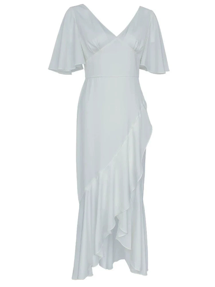 White irregular V-neck, backless long skirt, flared sleeves, elegant dress skirt, waist slimming, satin dress