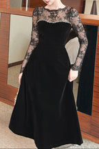 Tiffany Lace Hollow Sleeve Rhinestone Velvet Maxi Dress In Black