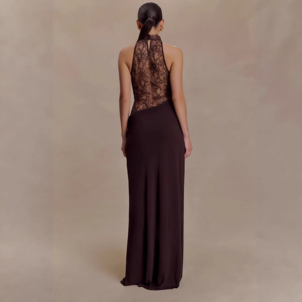 Flowering Girl Women Halter Lace Cutout Draped Maxi Gown