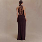 Flowering Girl Women Halter Lace Cutout Draped Maxi Gown