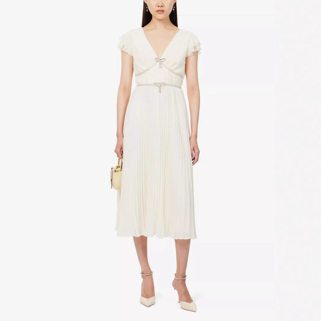karen v-neck bow pleated chiffon midi dress - white