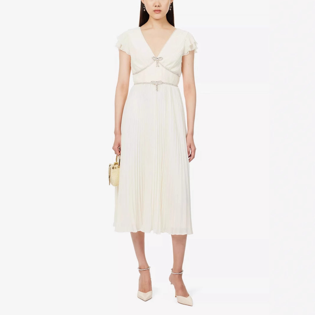 karen v-neck bow pleated chiffon midi dress - white