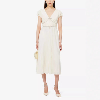 karen v-neck bow pleated chiffon midi dress - white