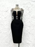 myra Deep V-neck butterfly rhinestone midi dress in black