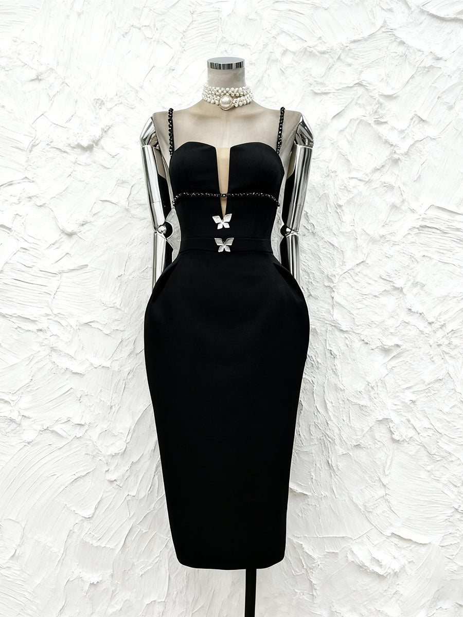 Flowering Girl Women Myra Deep V-Neck Butterfly Rhinestone Midi Dress In Black