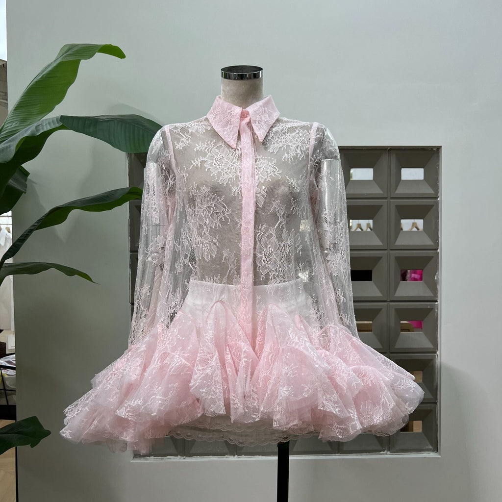 Pink Mesh Lace Ruffled Trumpet Sleeve Shirt Dress Shorts Set