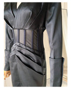 alyssa Deep V See-Through Fishbone Pleated Hip blazer mini dress in black