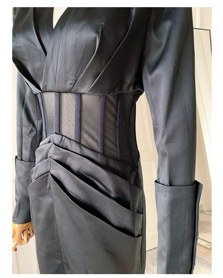 Flowering Girl Women Alyssa Deep V See-Through Fishbone Pleated Hip Blazer Mini Dress In Black