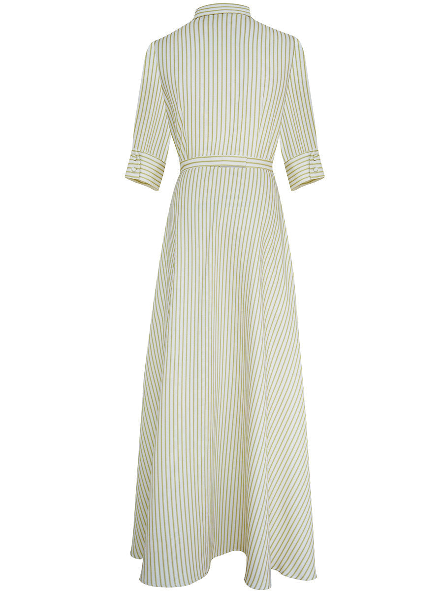 Green Striped Belted Shirt Maxi Dress