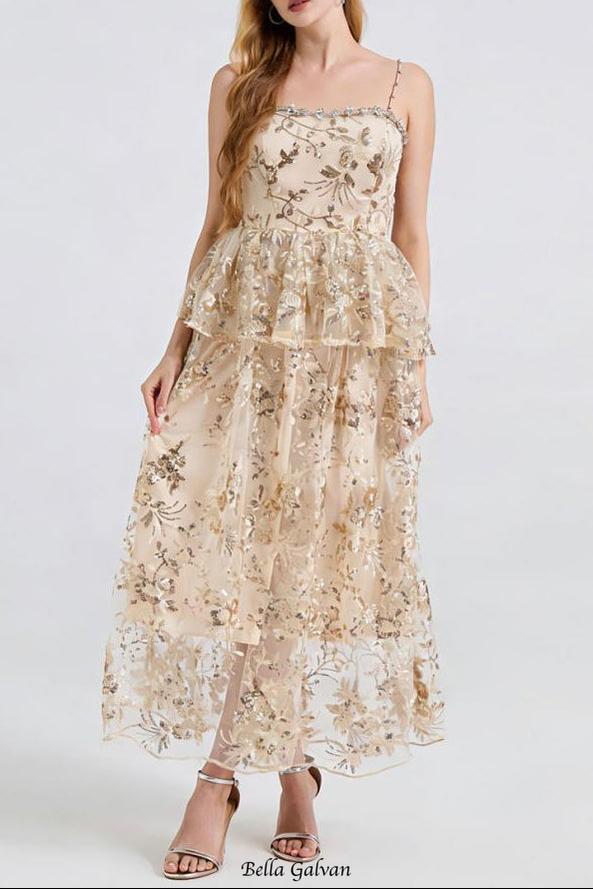 ashley gold rhinestone sequin embroidery layer maxi dress