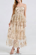 ashley gold rhinestone sequin embroidery layer maxi dress