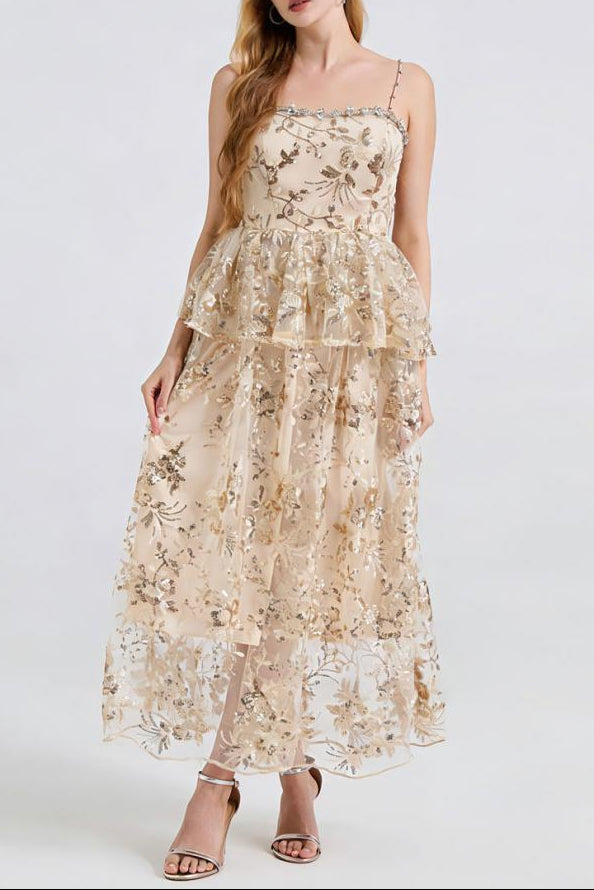 Ashley Gold Rhinestone Sequin Embroidery Layer Maxi Dress