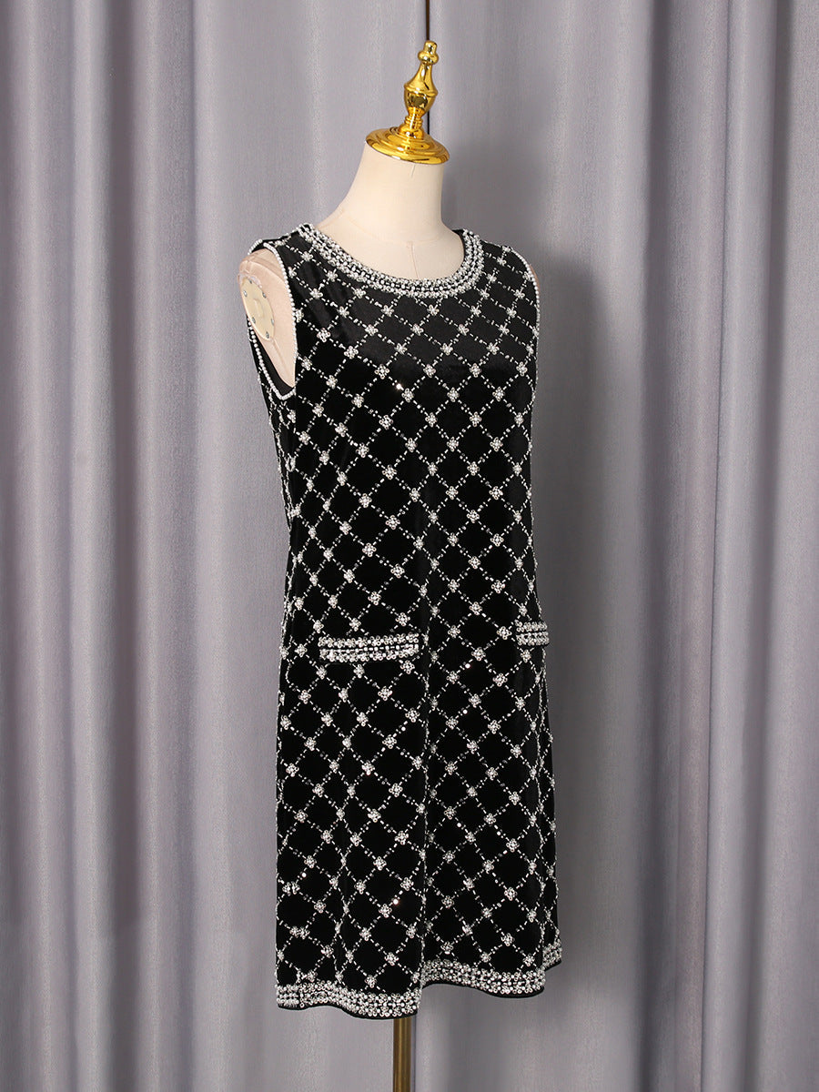 Amanda Black-White Plaid Diamond Sleeveless Mini Dress