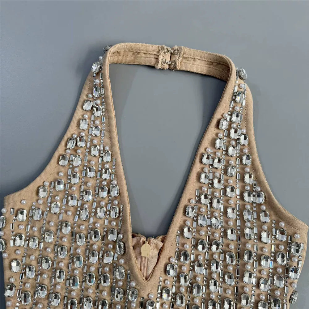 Flowering Girl Women Rhinestone Mesh Halter Ruffle Satin Mini Dress