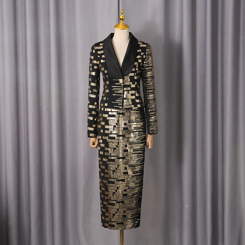 Flowering Girl Women High-Waisted Skirt Gold Sequin Print Blazer Suit In Black