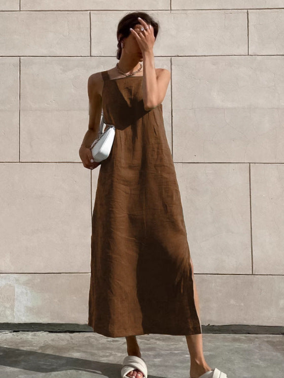 Flowering Girl Women cotton linen side slit strap midi dress