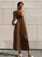 Flowering Girl Women cotton linen side slit strap midi dress