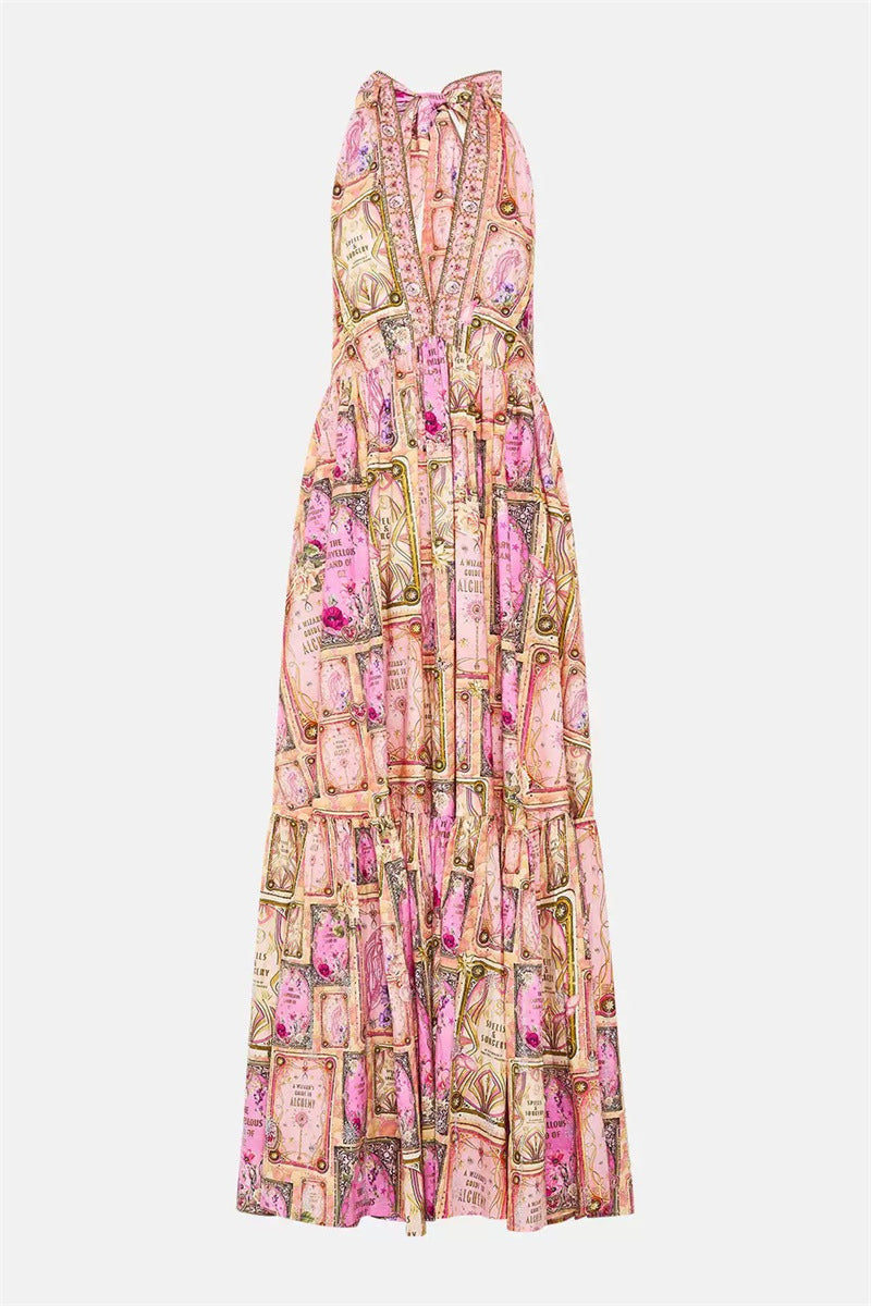 Flowering Girl Women V-neck halter neck printed maxi dress - pink