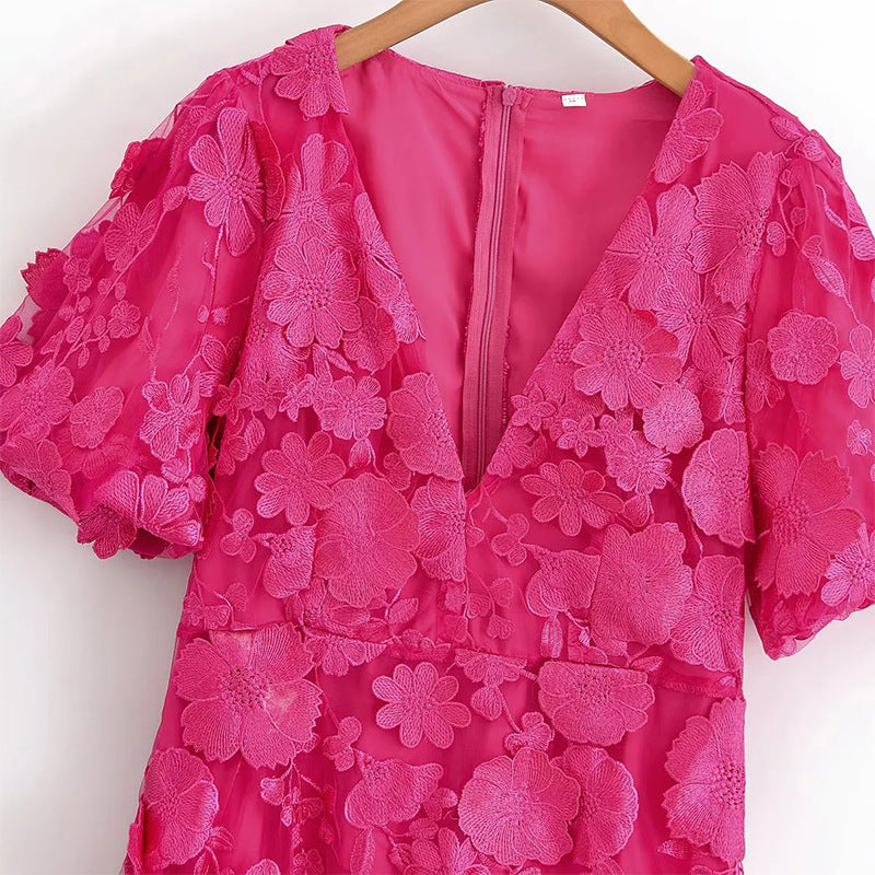 Modesty Puff Sleeve V-Neck Embroidery Midi Dress In Rose Red