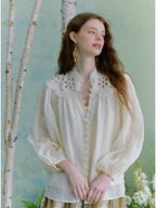 Flowering Girl Women beige hollow embroidered lantern sleeve stand-collar ramie shirt