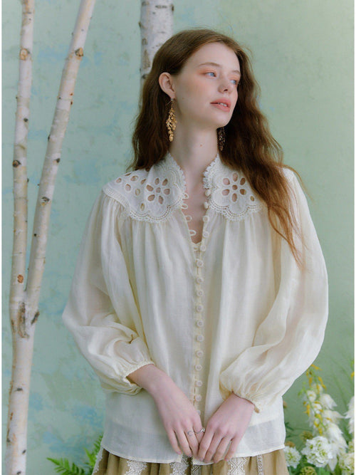 Flowering Girl Women beige hollow embroidered lantern sleeve stand-collar ramie shirt