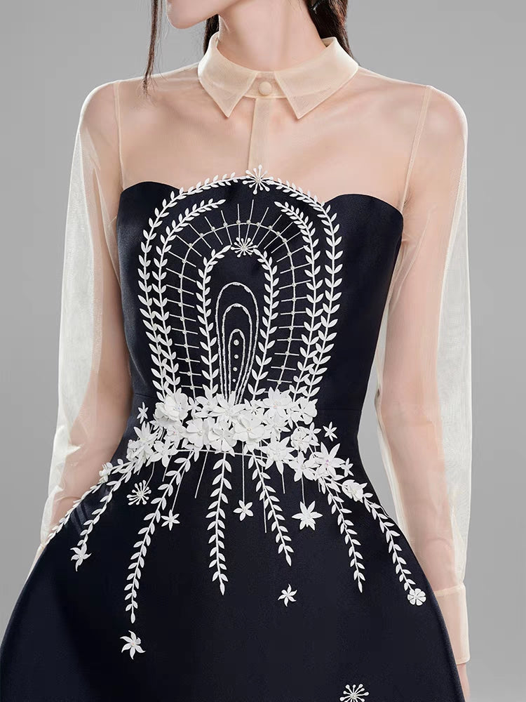 Flowering Girl Women Embroidered Flower Lapel Tulle Mini Dress In Dark Blue