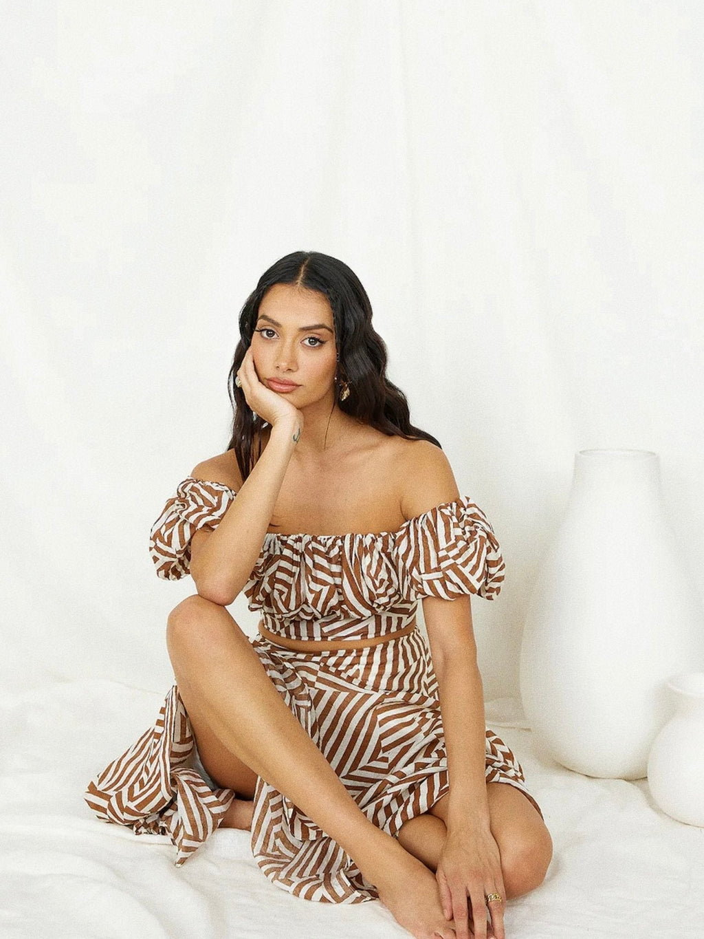 Flowering Girl Women Off Shoulder Puff Sleeve Striped Crop Top & Tiered Maxi Skirt Set