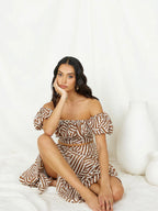 Flowering Girl Women Off Shoulder Puff Sleeve Striped Crop Top & Tiered Maxi Skirt Set