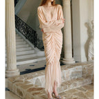 Flowering Girl Women pearl embellished ruched apricot maxi dress