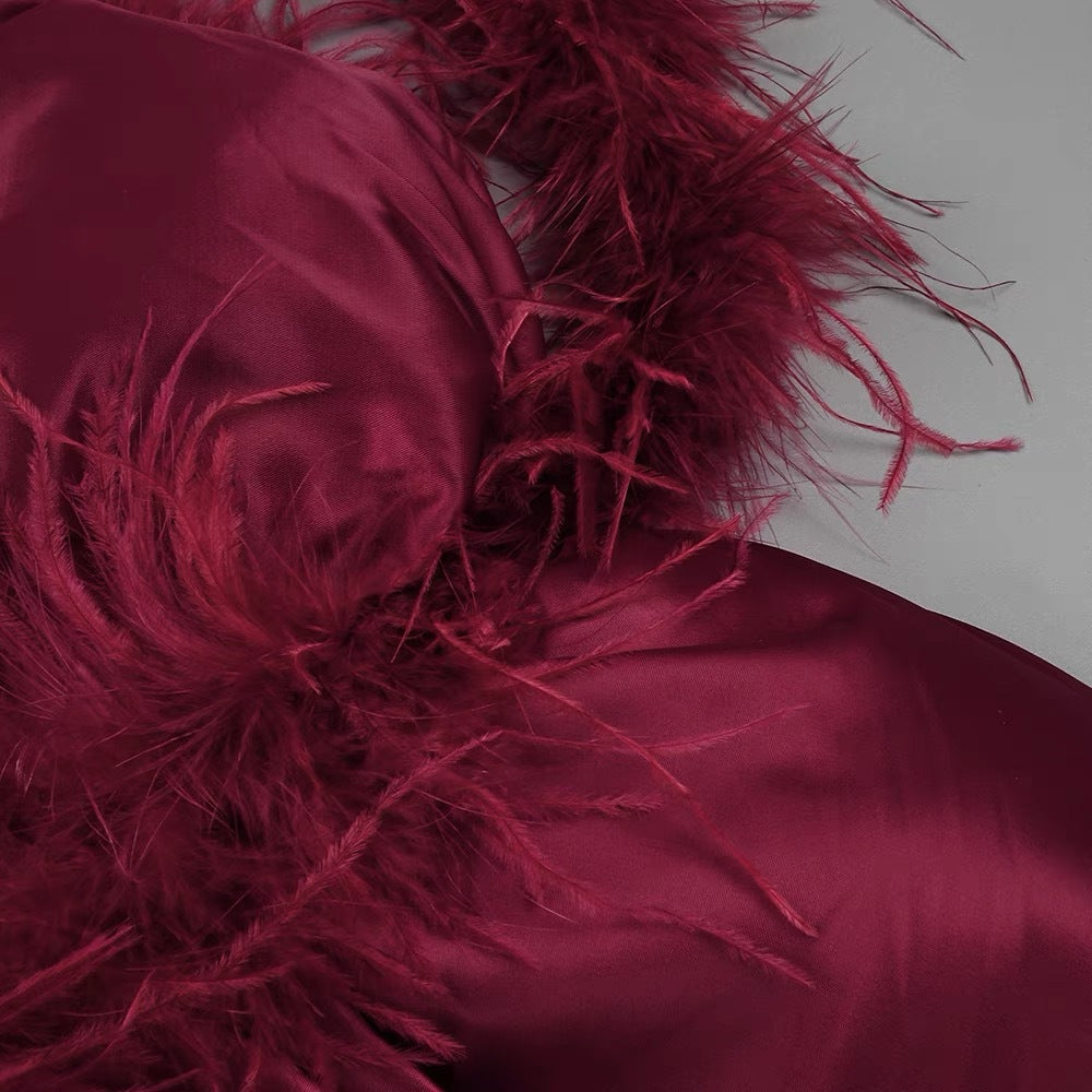 Flowering Girl Women burgundy feather embellished strapless mini dress
