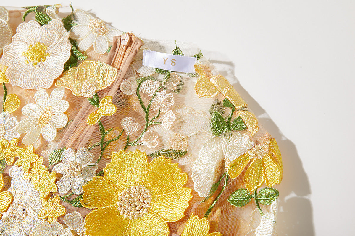 Flowering Girl Women CAROL YELLOW FLORAL EMBROIDERY MESH LONG SLEEVE MIDI DRESS