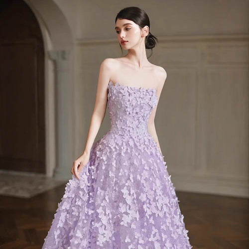 Flowering Girl Women Arlene Floral Strapless Evening Gown - Purple