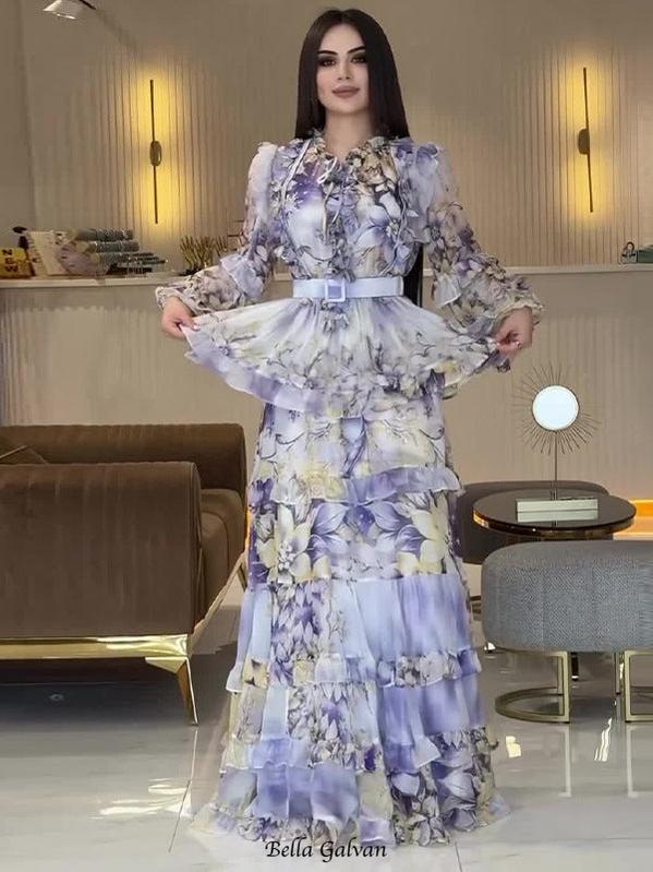 alyssa purple Floral print Ruffle Maxi Dress With Belt